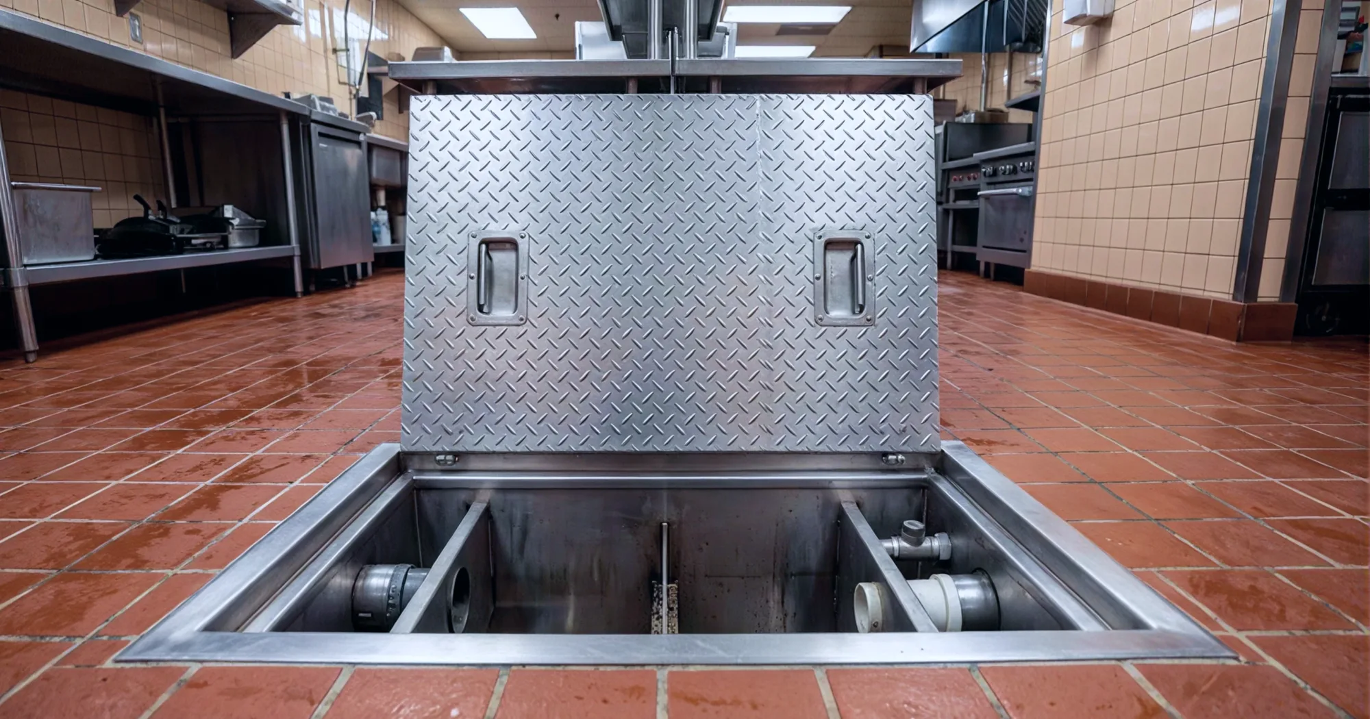 Open stainless steel grease interceptor set into the red tile floor of a commercial kitchen, its diamond-plate lid raised