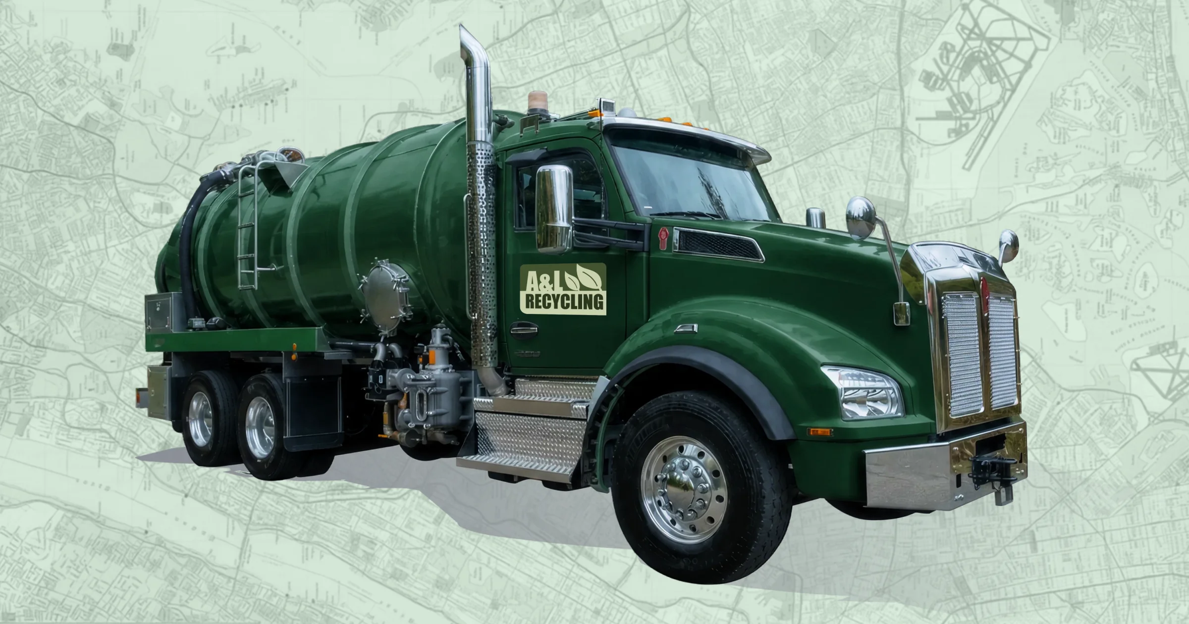 Green A&L Recycling vacuum tanker against a pale green map of New York City