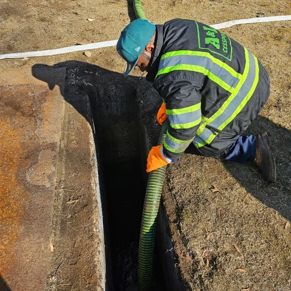 A&L crew member in a branded hi-vis jacket pumping an open septic tank with a green hose